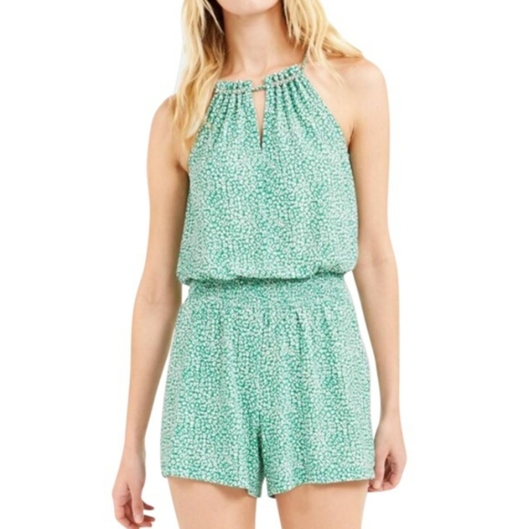 Michael Kors Green Sleeveless Keyhole Halter Style Geometric Print Romper - Picture 1 of 15